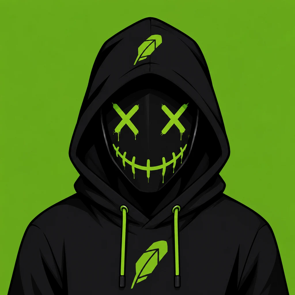 A black hooded mask with acid-green crossed eyes and a stitched grin on a green ground