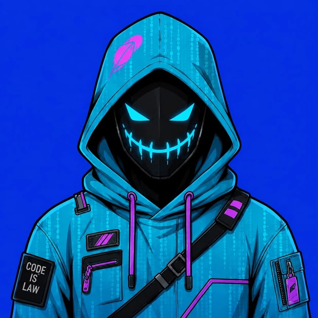A cyan hooded mask with glowing eyes and a shoulder patch reading Code Is Law on a blue ground