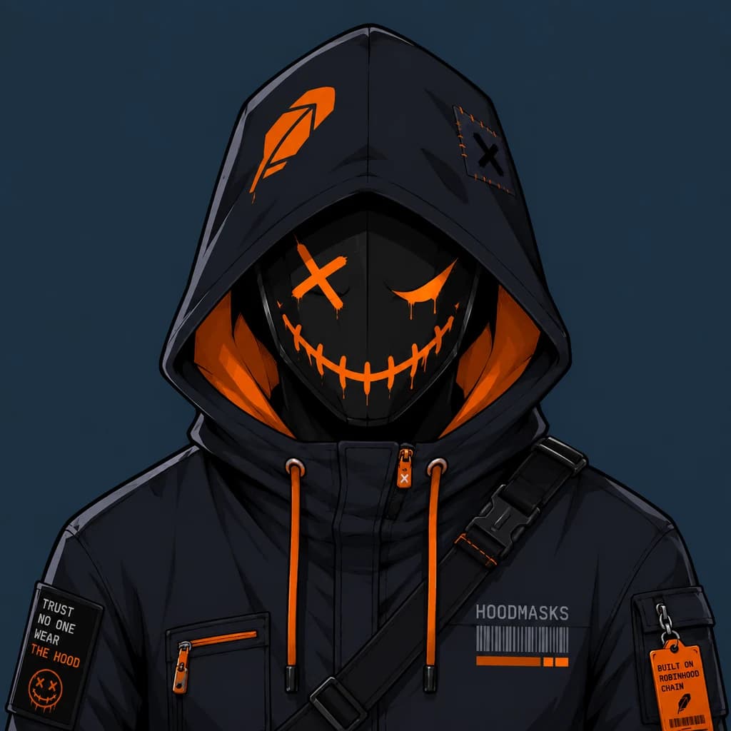 A dark hooded mask with orange dripping grin and a Trust No One patch on a navy ground