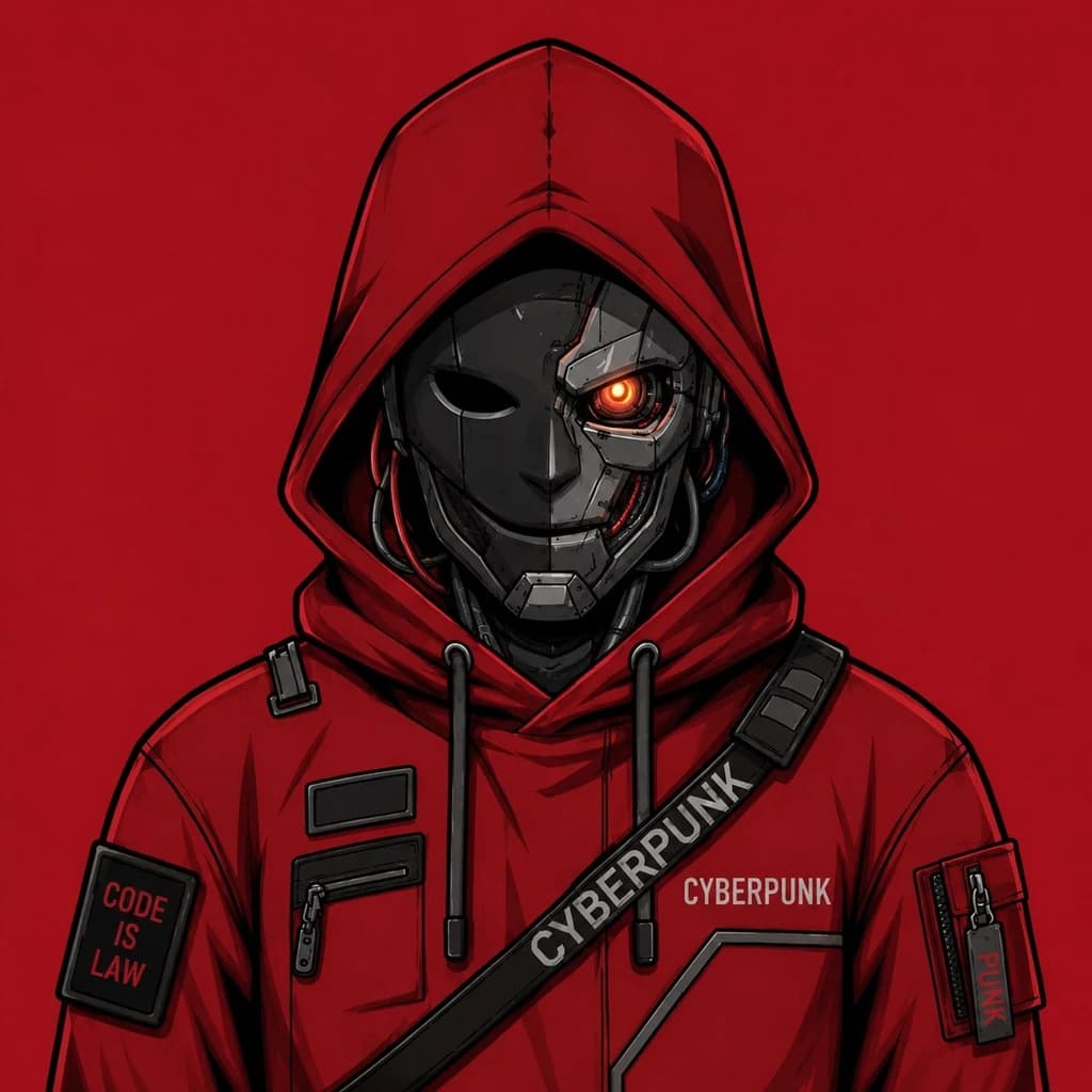 A red hooded figure in a chrome-plated mask with one glowing eye on a crimson ground