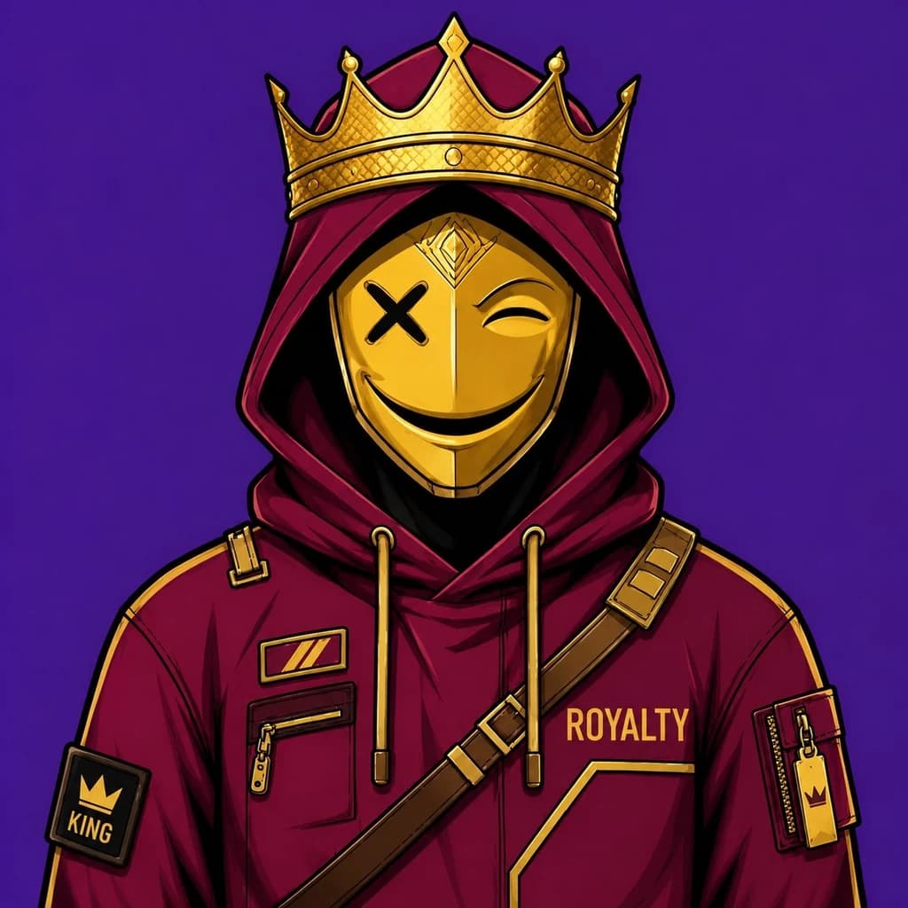 A crowned golden mask over a maroon hood with a King patch on a violet ground