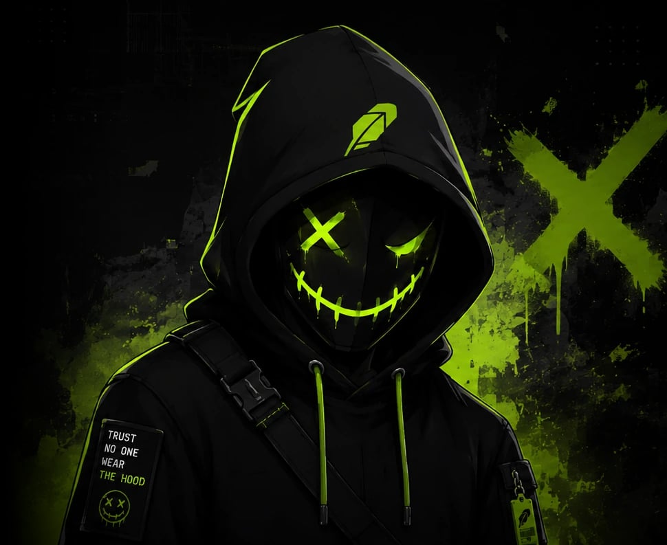 A hooded figure in a black mask with an acid-green stitched grin, wearing a patch that reads Trust No One Wear The Hood